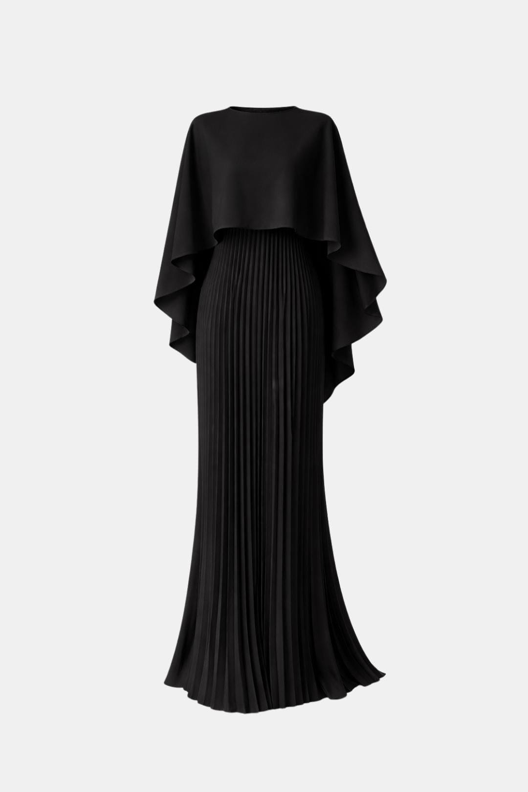 Black evening gown with a draped top on a white background