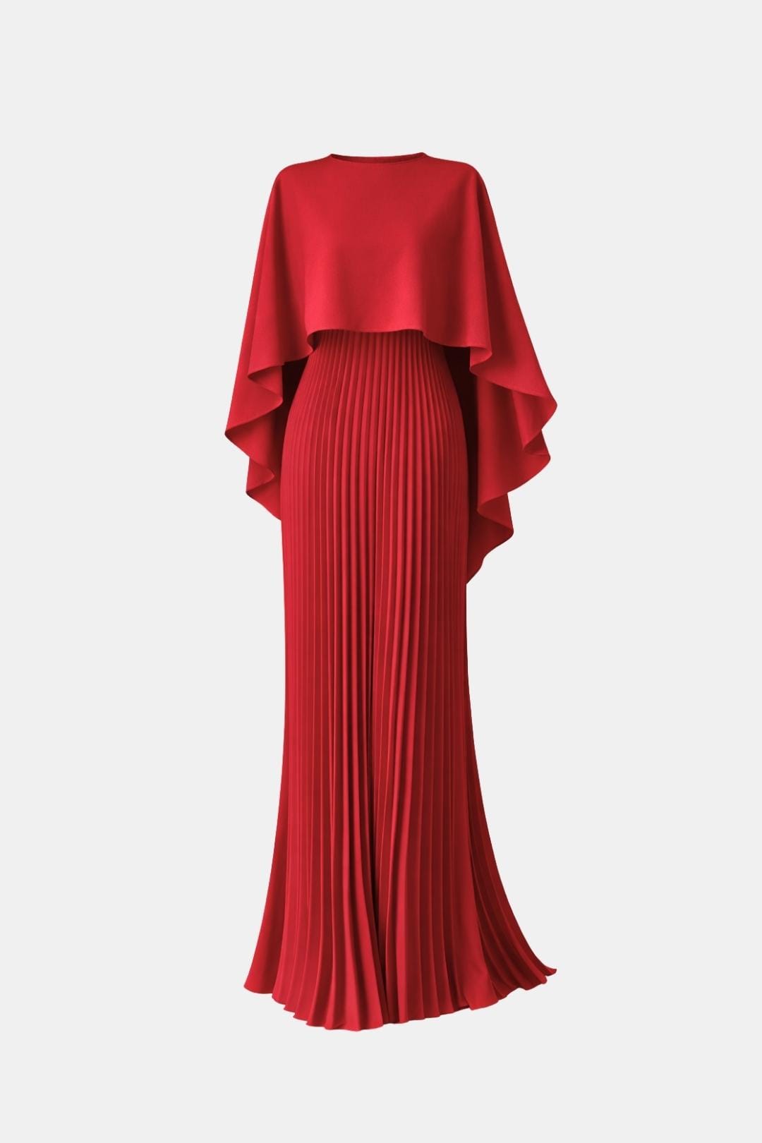 Red evening gown with cape on a white background
