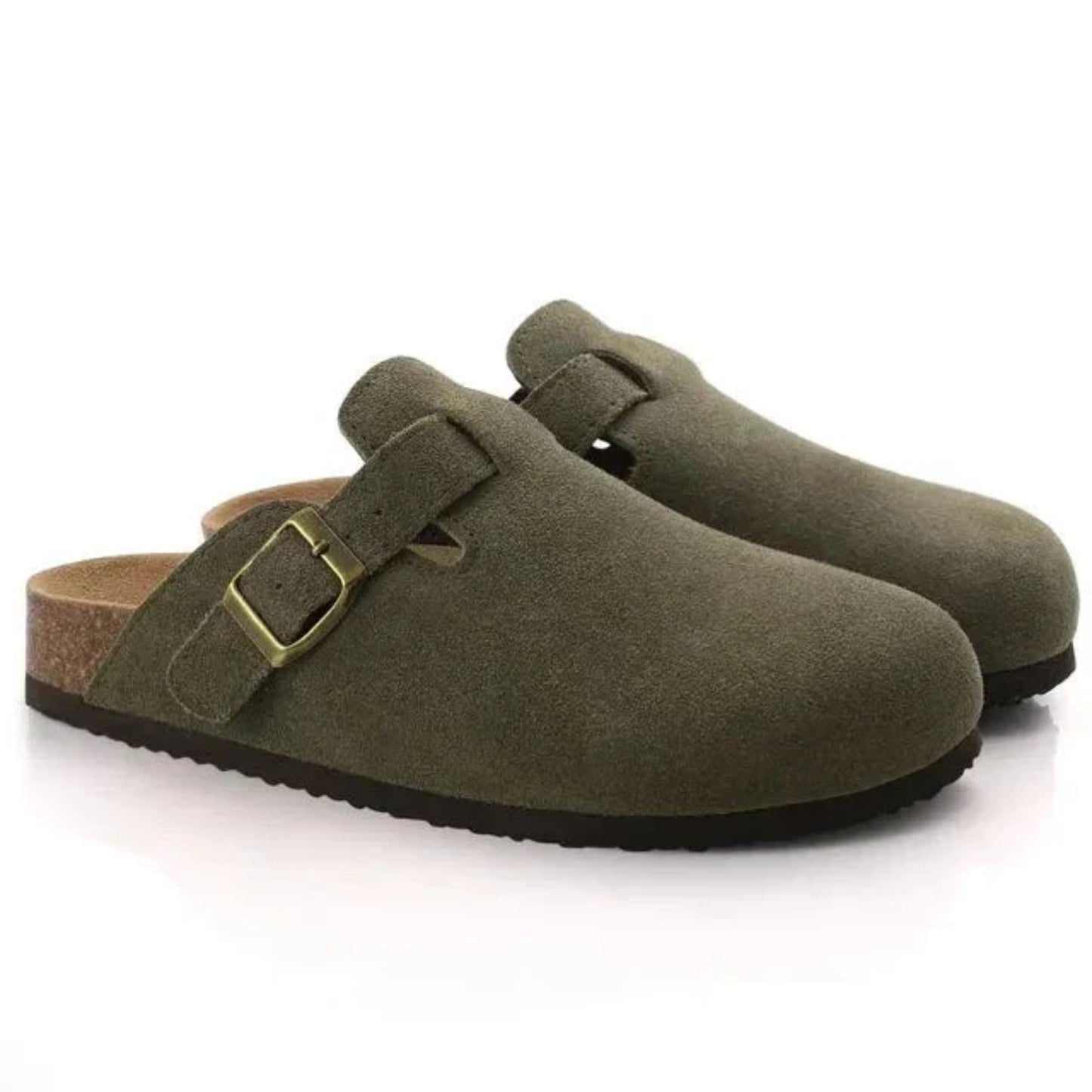 Pair of green suede clogs with a buckle on a white background