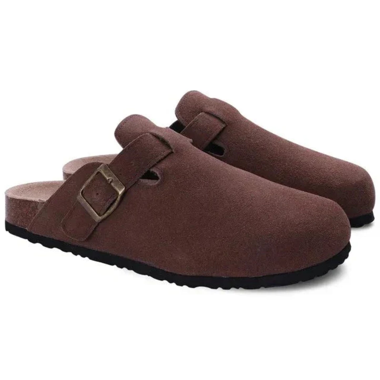 Pair of brown suede clogs with a buckle on a white background