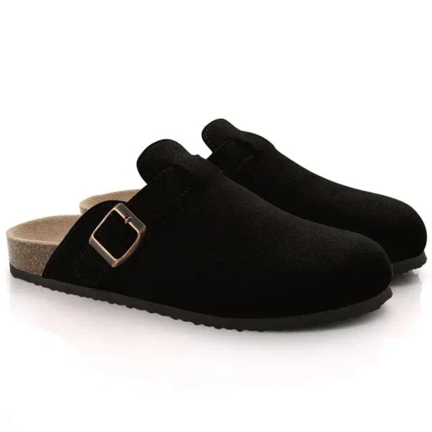 Black suede clogs with a buckle on a white background