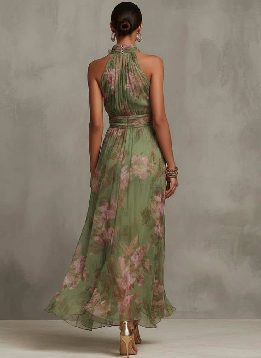 Woman wearing a green floral dress against a neutral background
