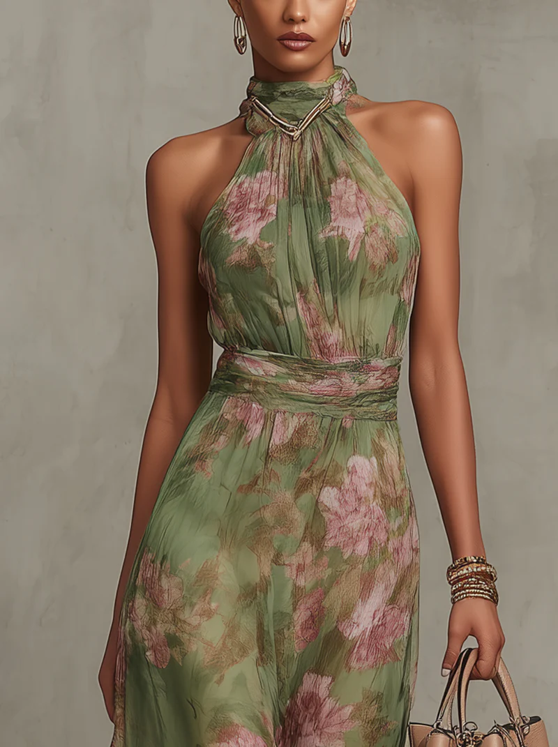 Woman wearing a green floral dress against a neutral background