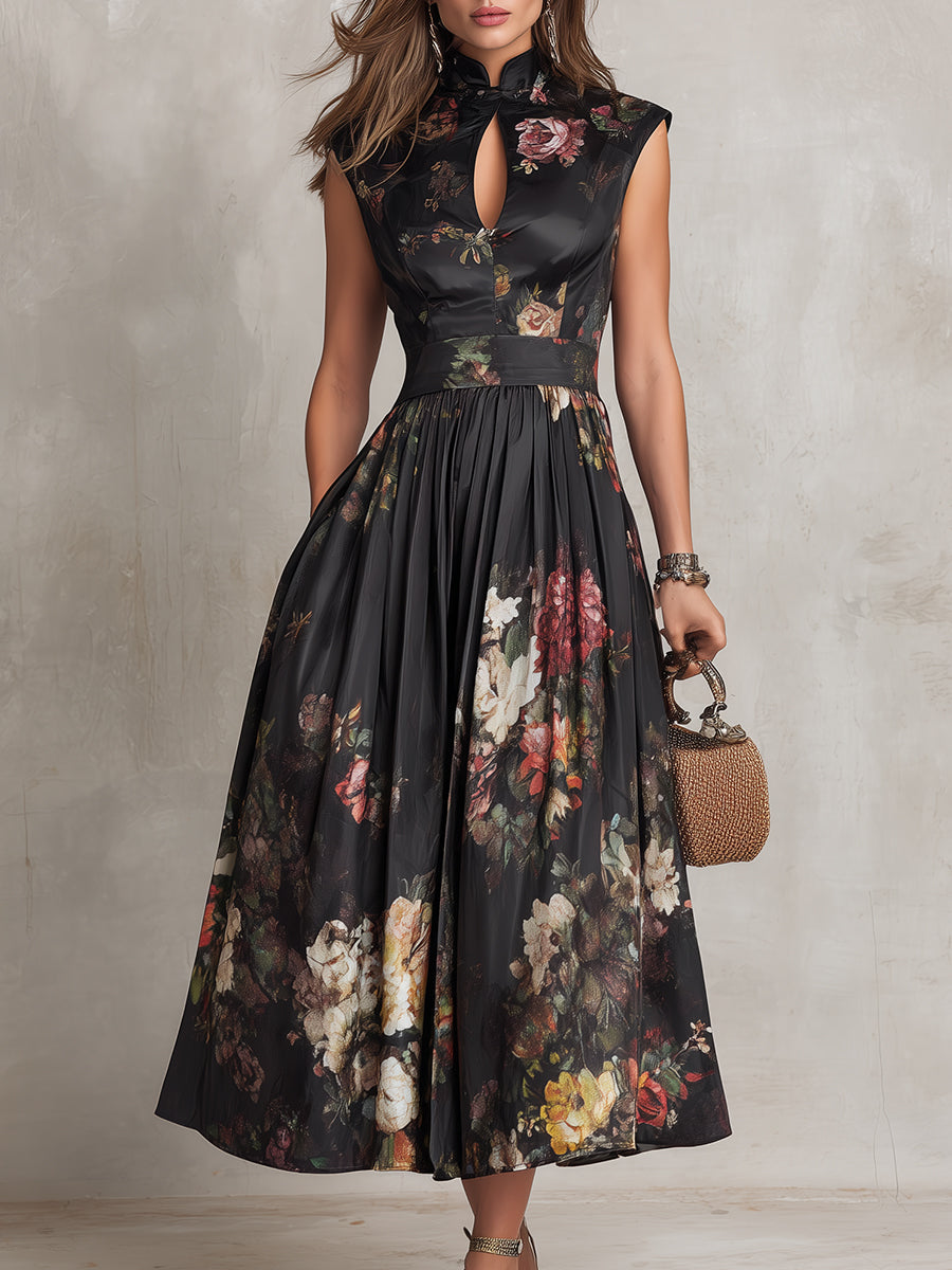 Woman wearing a floral dress holding a woven handbag against a neutral background