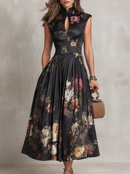 Woman wearing a floral dress holding a woven handbag against a neutral background