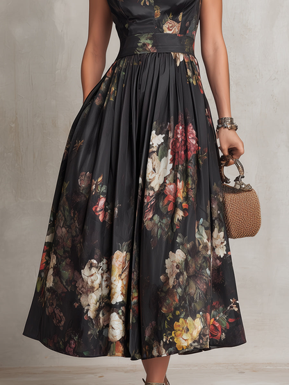Woman wearing a floral dress holding a woven handbag against a neutral background