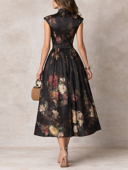 Woman wearing a floral dress with a neutral background