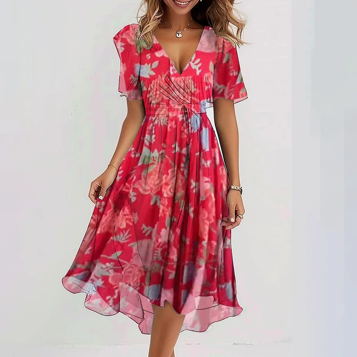 Woman wearing a red floral dress on a white background
