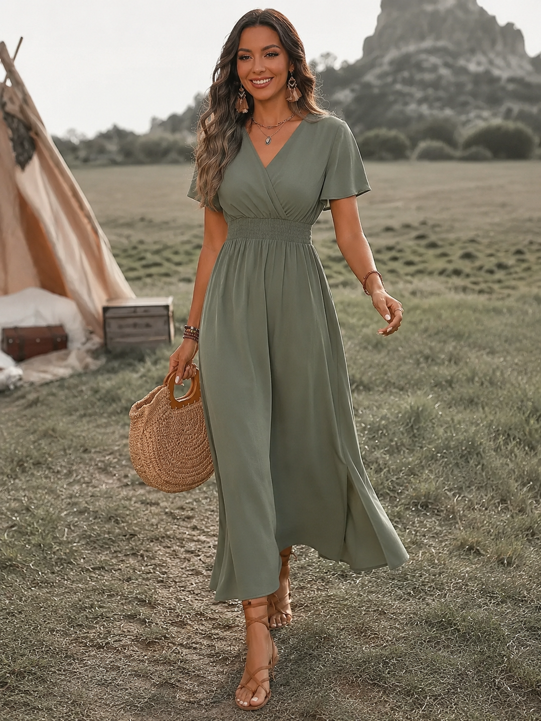 Woman in a green dress standing in a field with a tent in the background