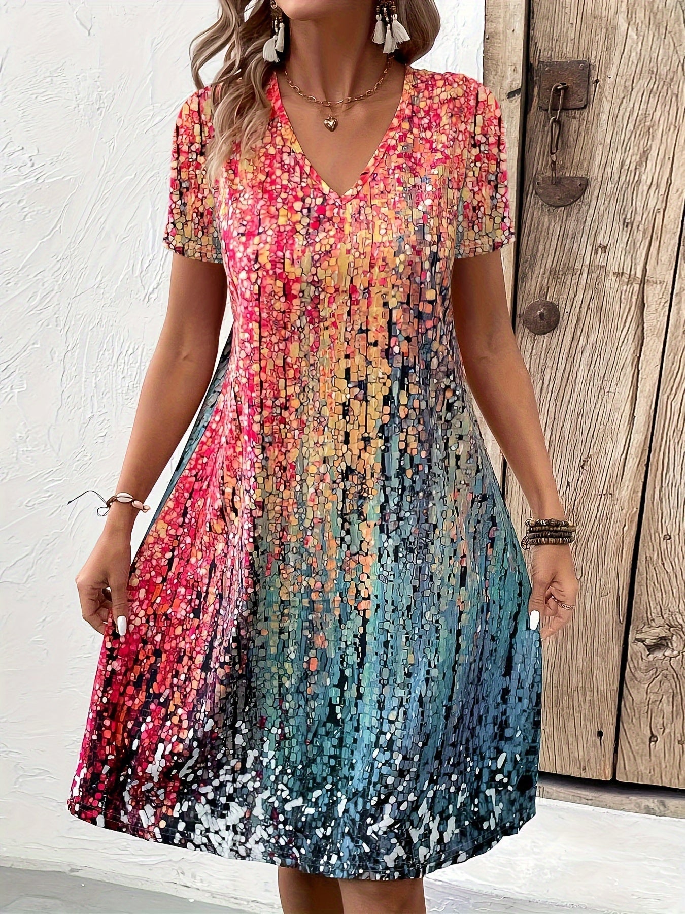 Woman wearing a colorful patterned dress standing against a wooden door.