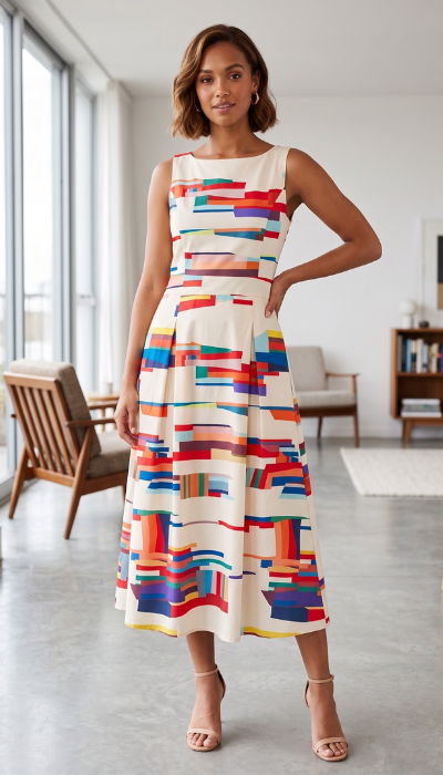 Woman wearing a colorful geometric-patterned dress in a modern room.