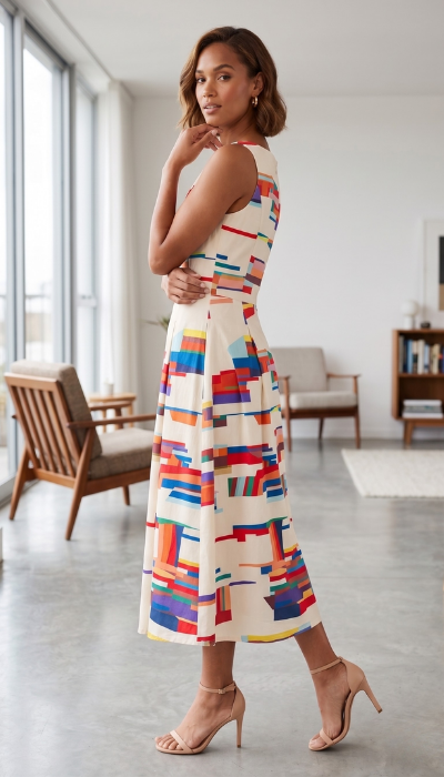 Woman wearing a colorful geometric-patterned dress in a modern living room.