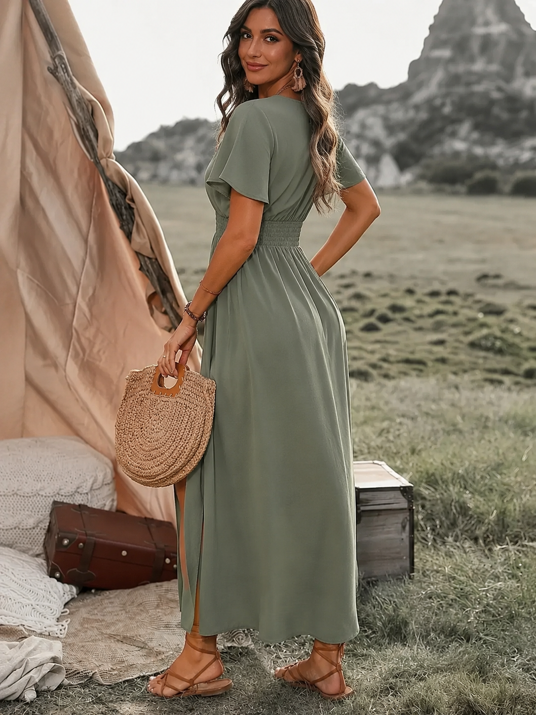 Woman in a green dress holding a woven bag in a natural setting with tents and a suitcase.