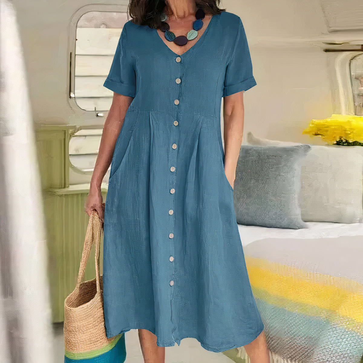 Woman wearing a blue dress with buttons, standing in a room with a bed and pillows.