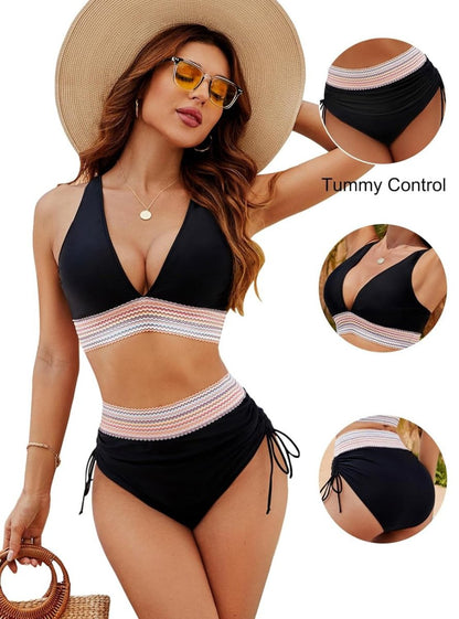 Woman wearing a black and white striped bikini with close-up insets on tummy control.