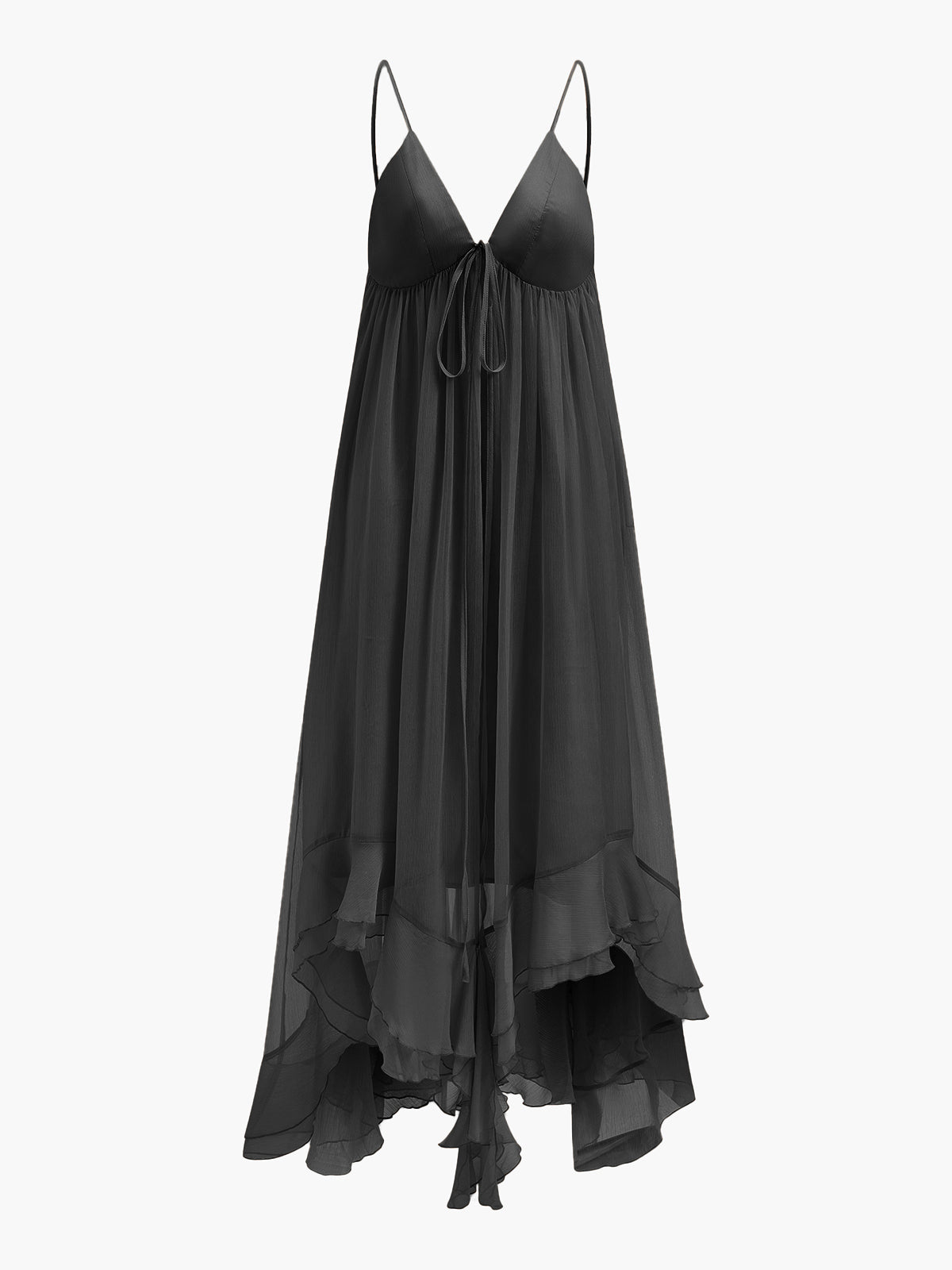 Black slip dress with layered skirt on a white background