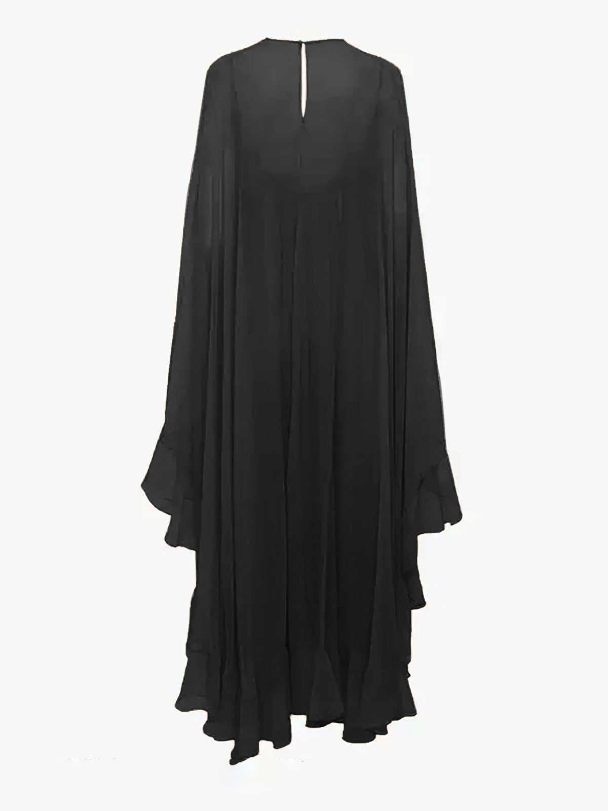 Black dress with long sleeves and a V-neckline on a white background