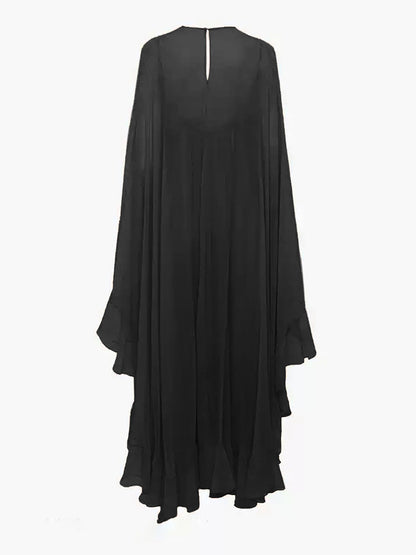 Black dress with long sleeves and a V-neckline on a white background