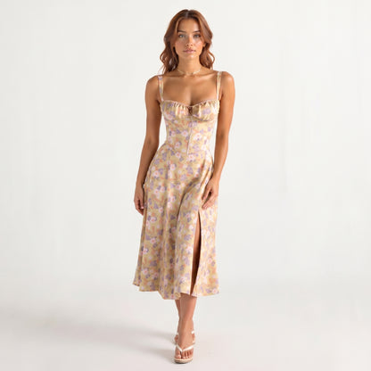 Woman wearing a floral dress on a white background