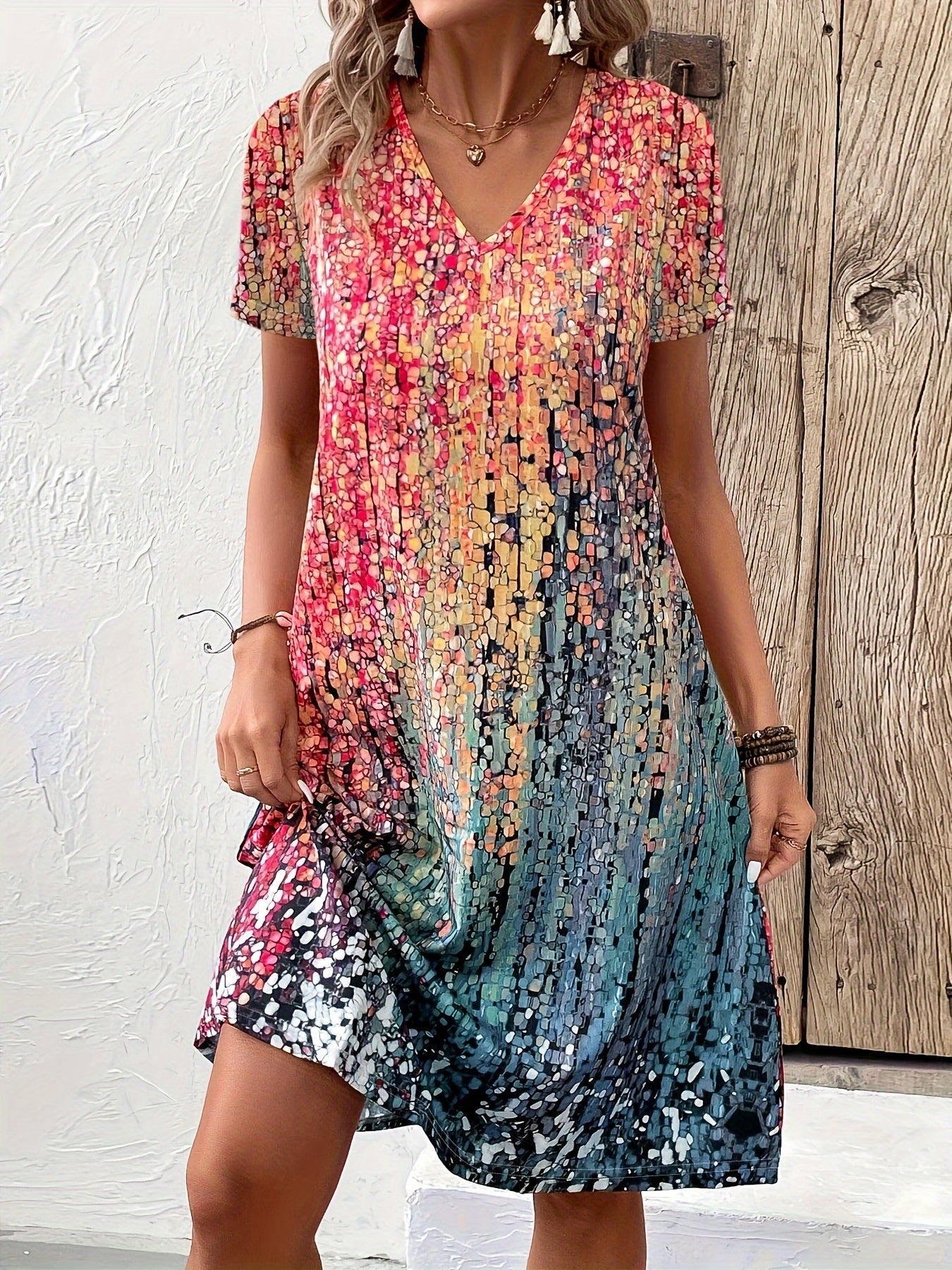 Woman wearing a colorful patterned dress against a textured wall.