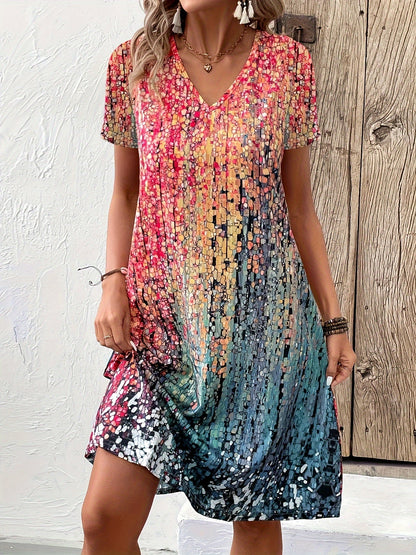Woman wearing a colorful patterned dress against a textured wall.