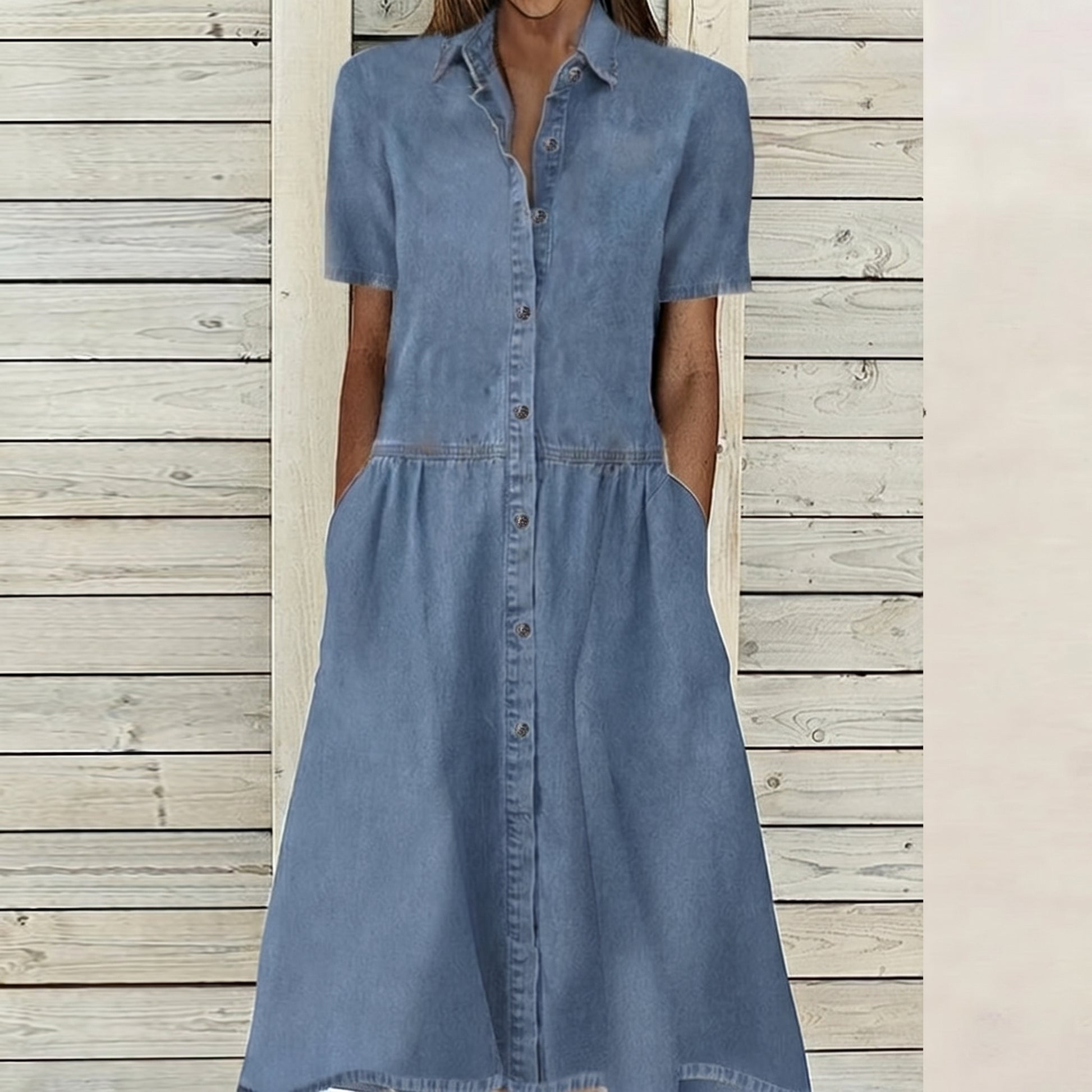 Woman wearing a blue denim dress against a wooden background