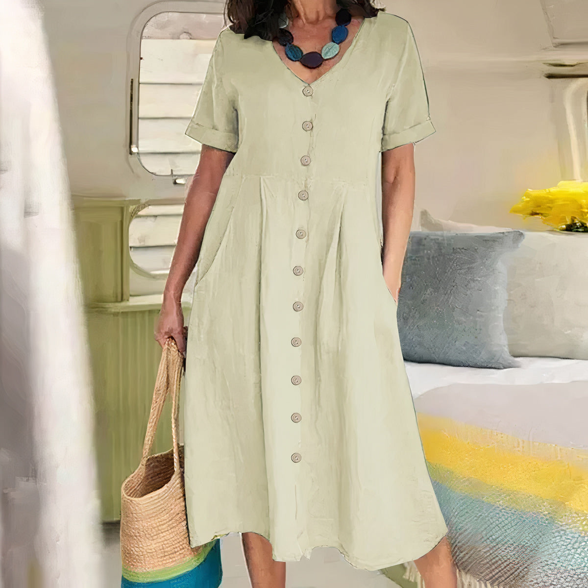 Woman wearing a light green dress with buttons, holding a woven bag, in an indoor setting.