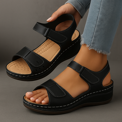 Black sandals with tan insoles worn by a person on a gray background