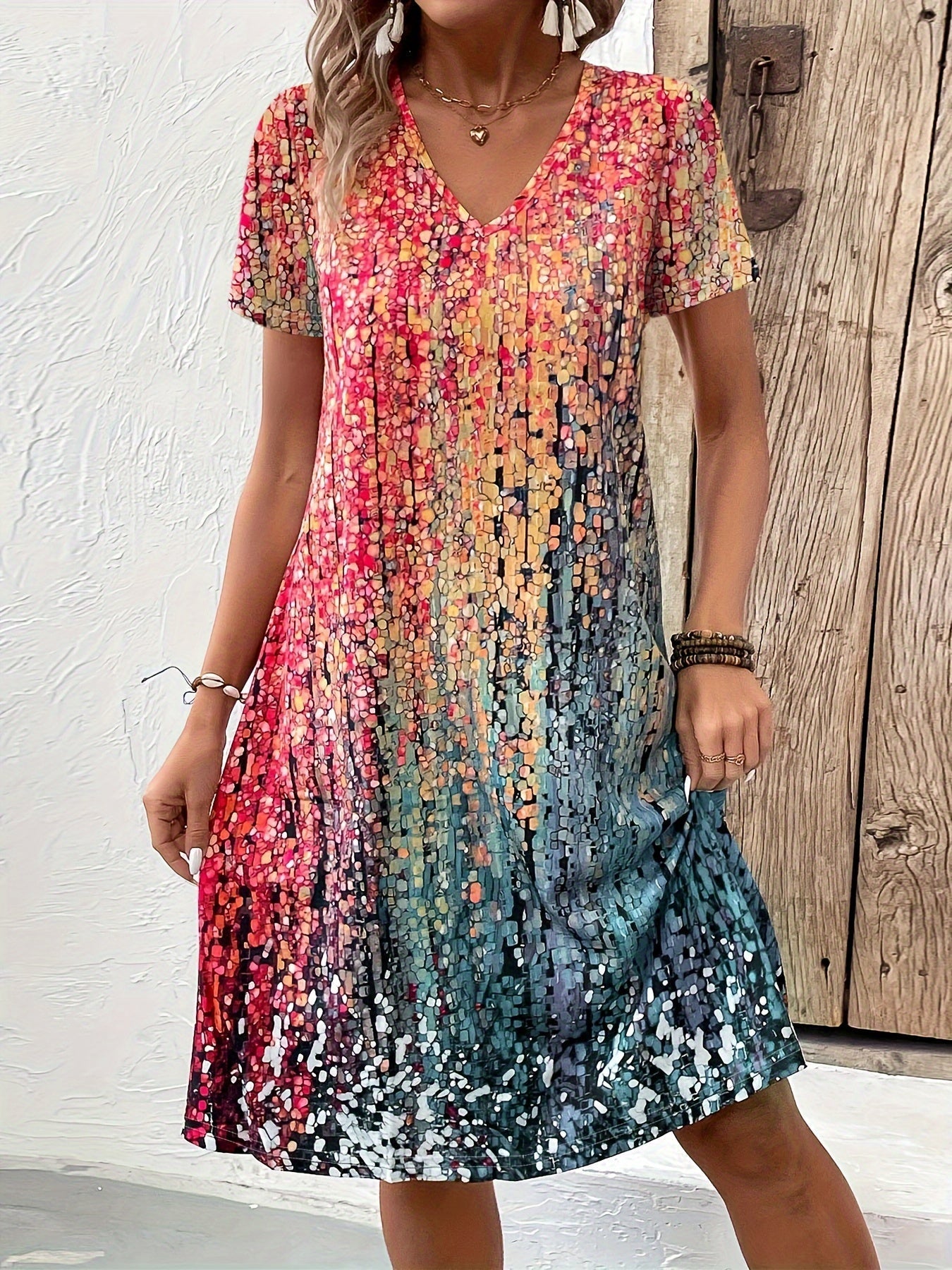 Woman wearing a colorful patterned dress standing against a wooden door.