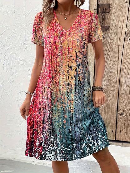 Woman wearing a colorful patterned dress standing against a wooden door.