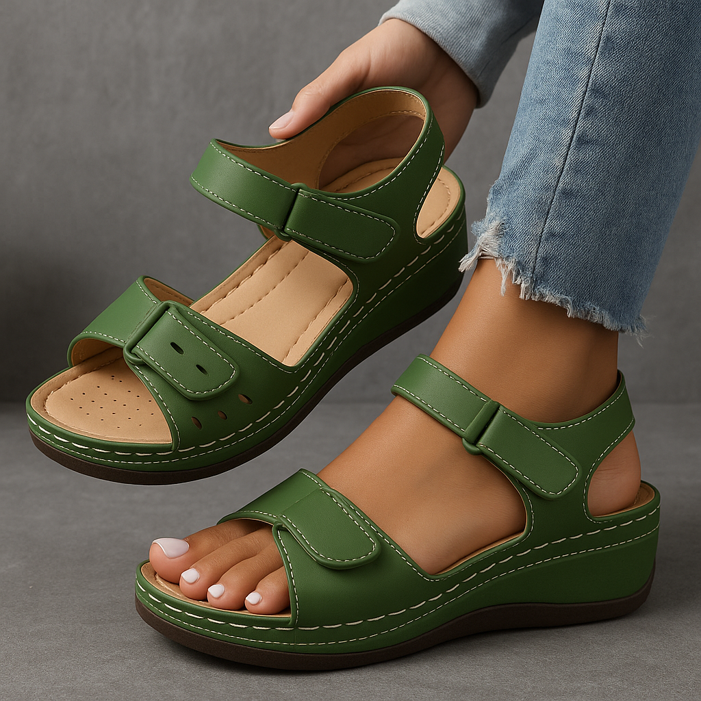 Green sandals worn with a gray background