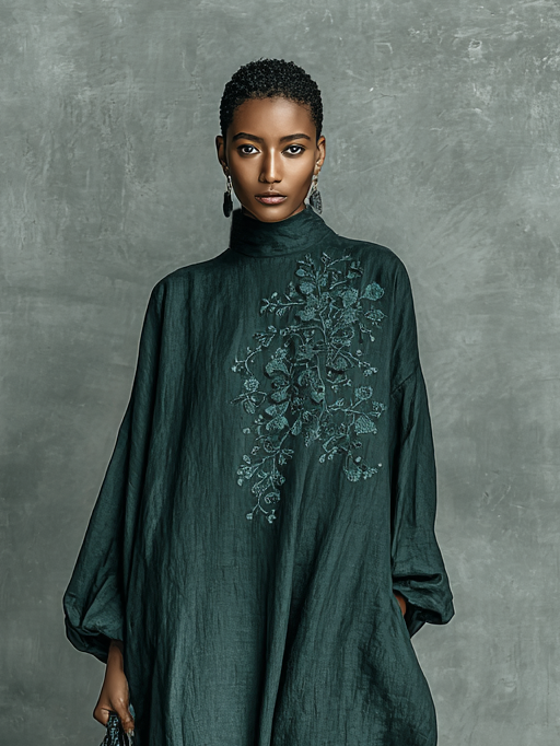 Woman wearing a dark green dress with floral embroidery against a gray background