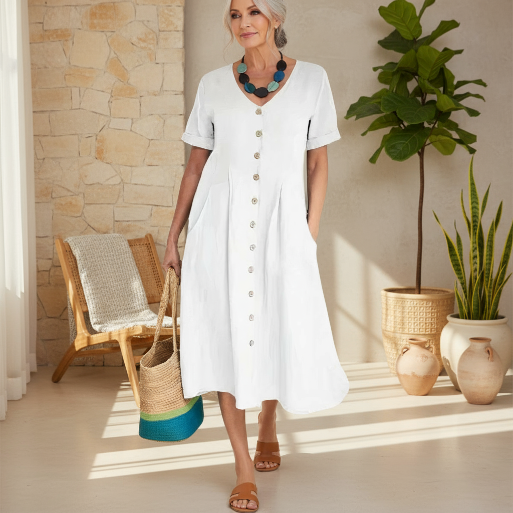 Woman in a white dress standing in a sunlit room with plants and a chair.