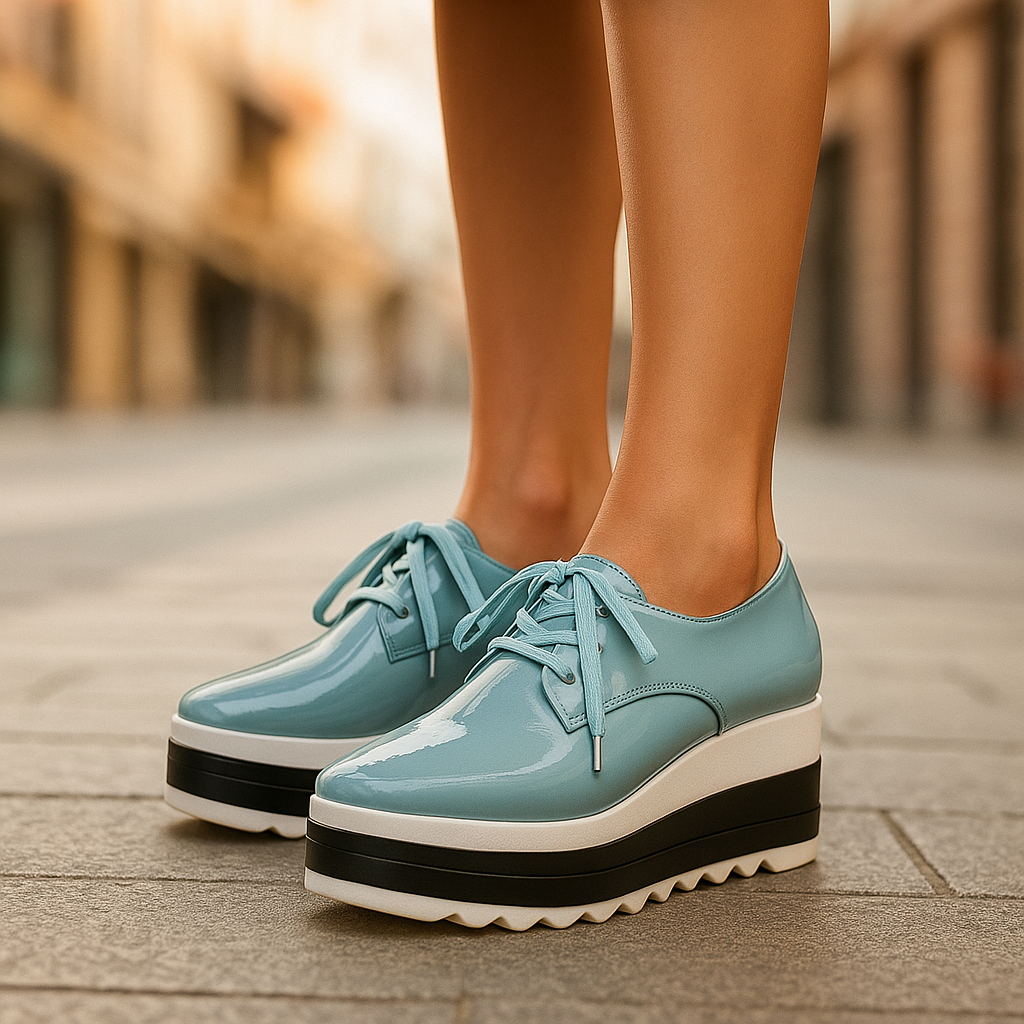Blue platform shoes on a blurred street background