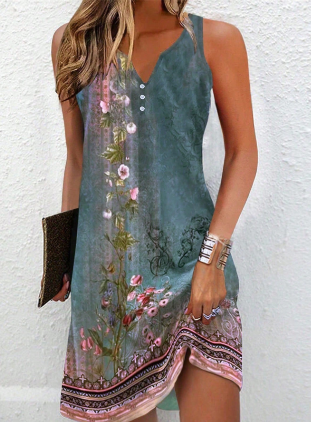 Woman wearing a floral dress with a white background