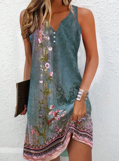 Woman wearing a floral dress with a white background
