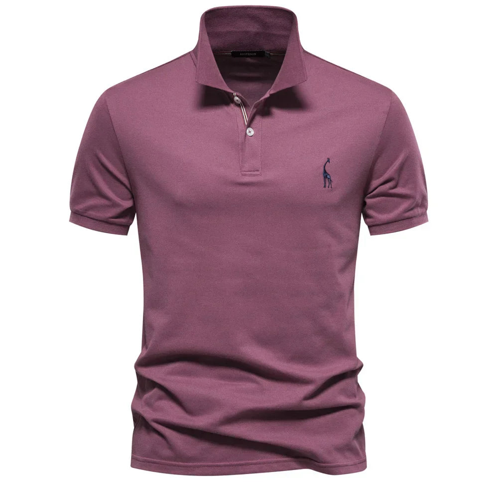 Purple polo shirt with a small logo on a white background