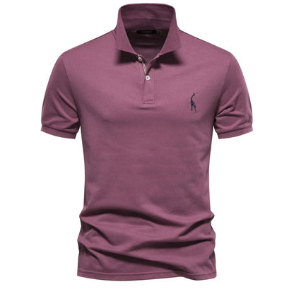 Purple polo shirt with a small logo on a white background