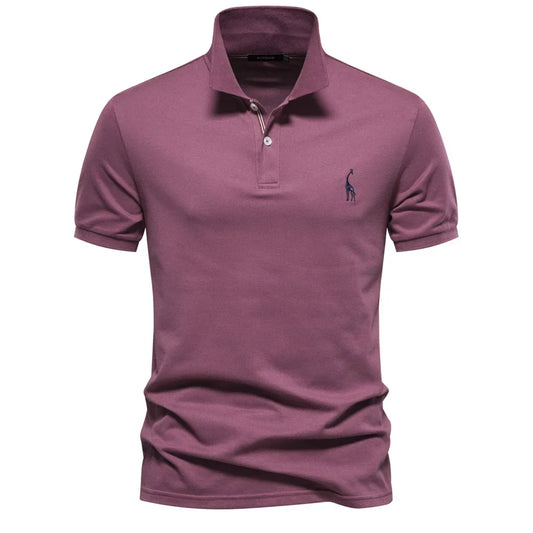 Purple polo shirt with a small logo on a white background