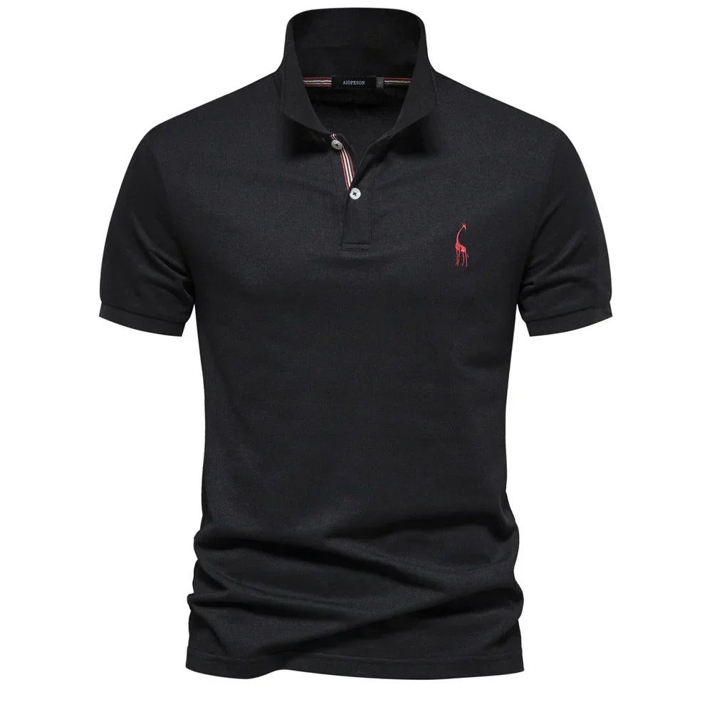 Black polo shirt with a small red logo on a white background