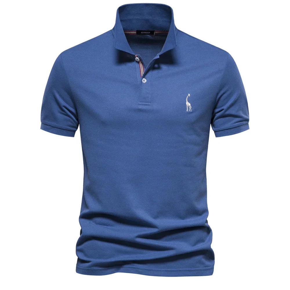 Blue polo shirt with a small logo on a white background