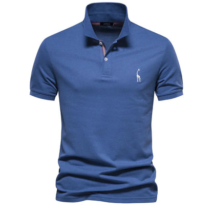 Blue polo shirt with a small logo on a white background
