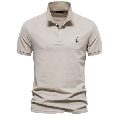 Beige polo shirt with a small logo on a white background