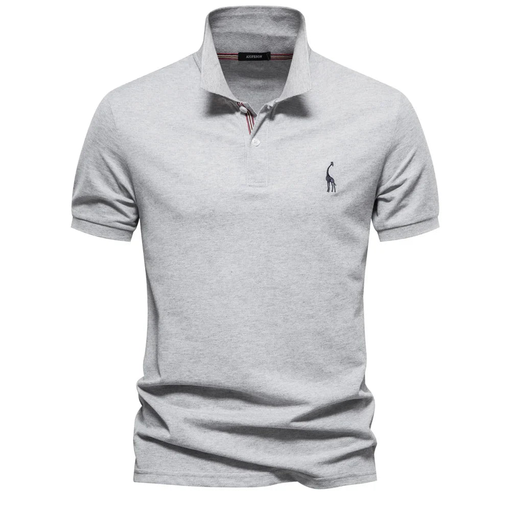 Gray polo shirt with a small logo on a white background