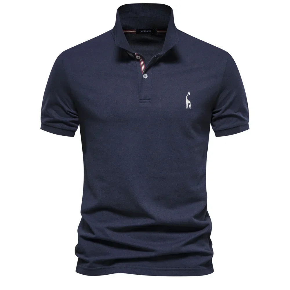 Navy blue polo shirt with a small logo on a white background