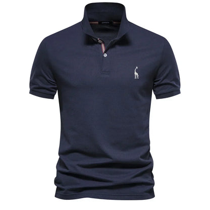 Navy blue polo shirt with a small logo on a white background