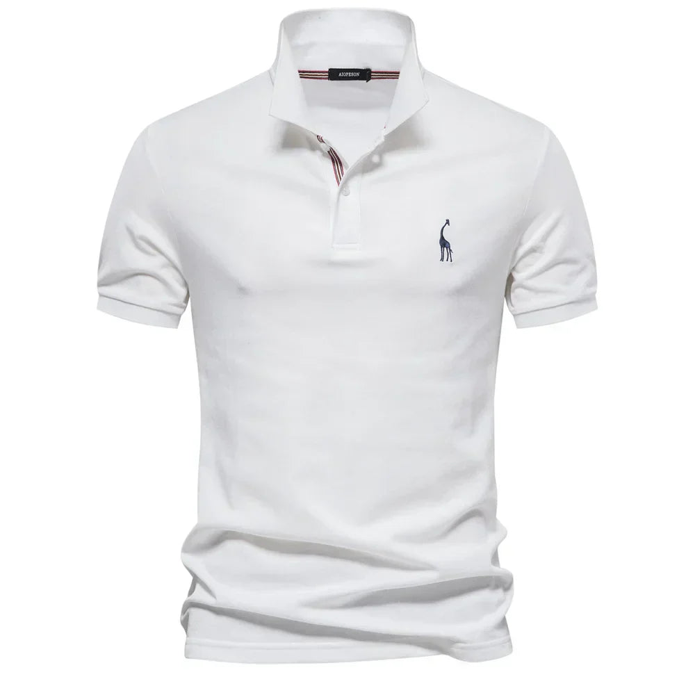 White polo shirt with a small logo on a white background