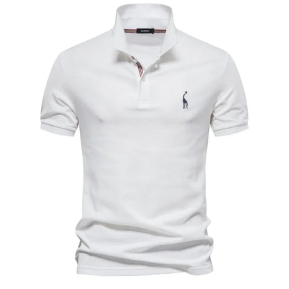 White polo shirt with a small logo on a white background