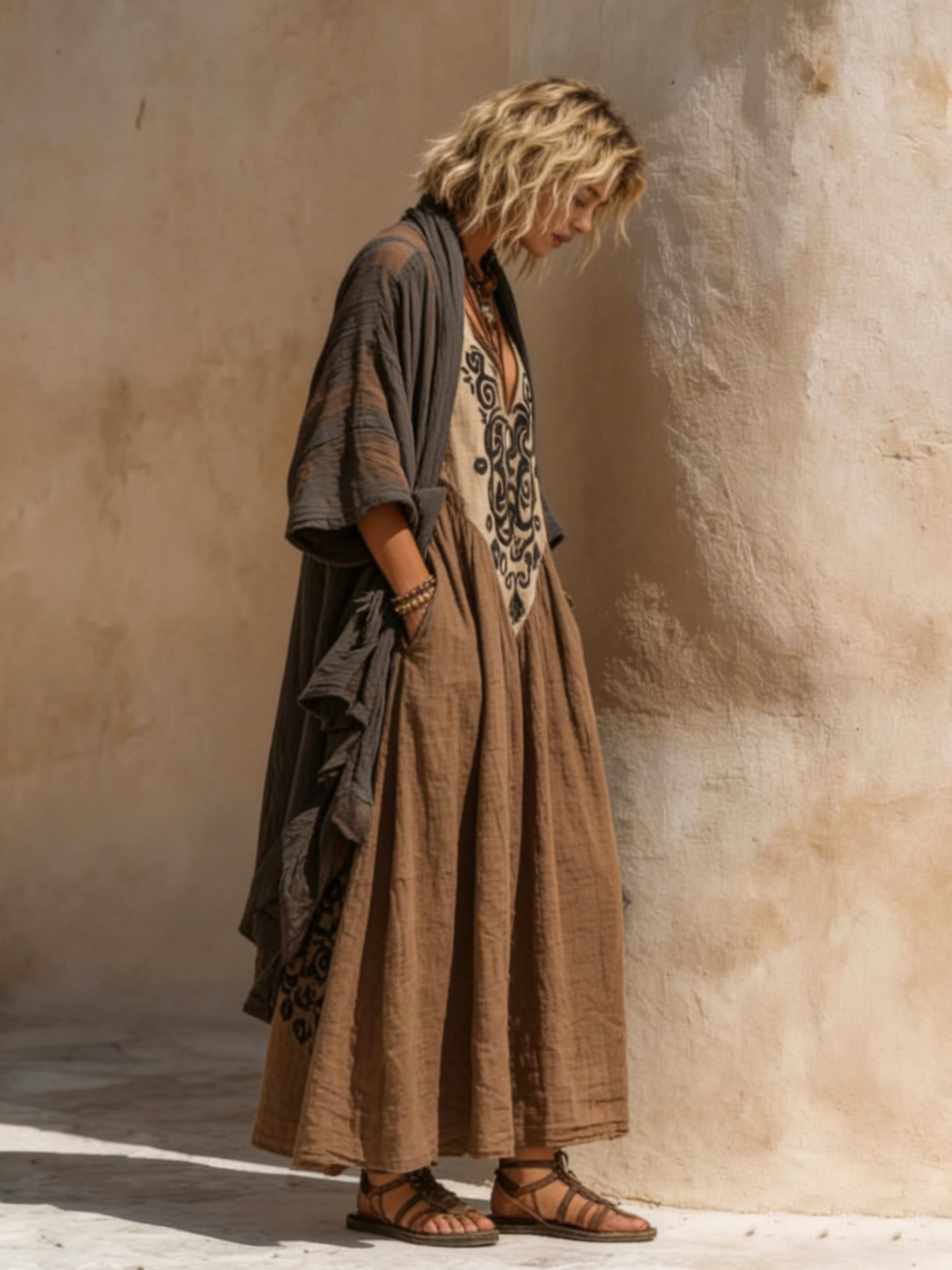 Woman in a long, patterned dress standing against a textured wall.