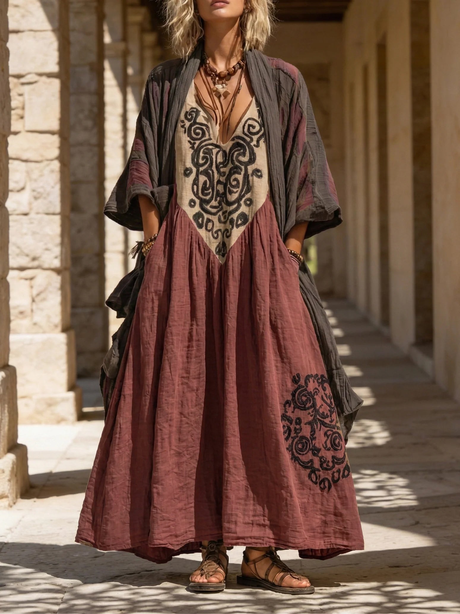 Woman wearing a long, embroidered dress with a dark cardigan in a sunlit stone corridor.